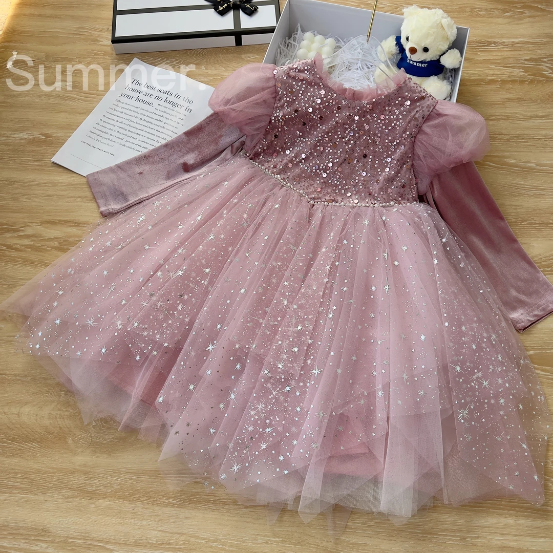 Summer女童秋季新款连衣裙2024洋气泡泡袖蓬蓬纱公主裙礼服裙6663
