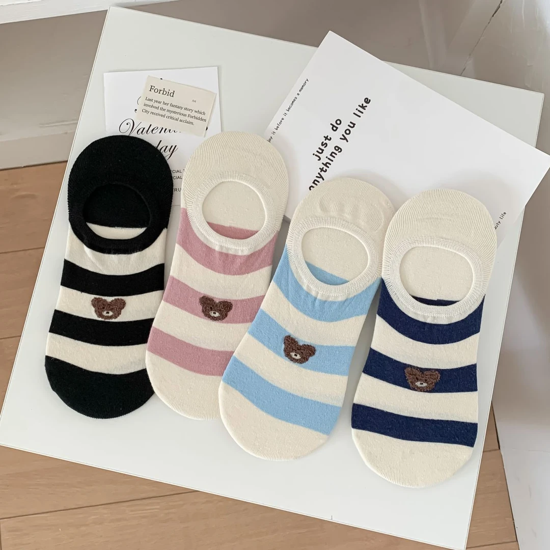 袜子女夏季薄款条纹植绒熊船袜不掉脚跟防滑女韩版浅口低帮女潮袜