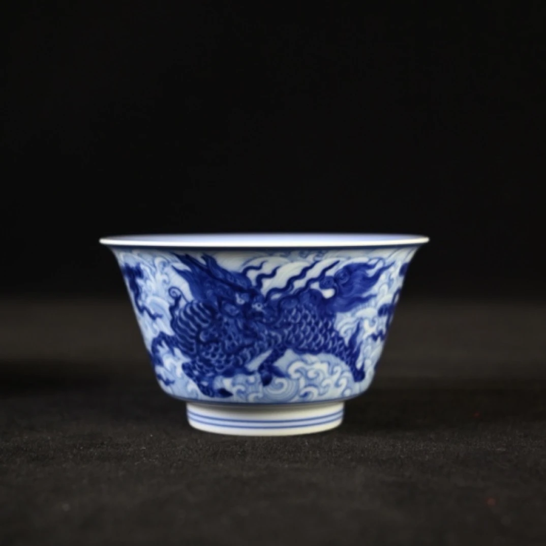 沐茗古韵 青花手绘麒麟纹折底杯 主人杯 满容约110cc