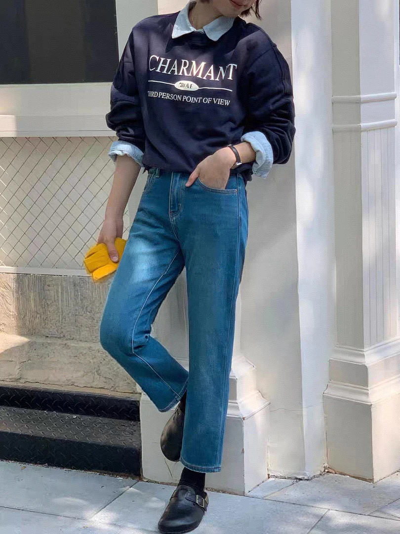 珠珠 【199】代83 MWMA百搭潮裤秋冬加绒九分烟管四面弹牛仔裤