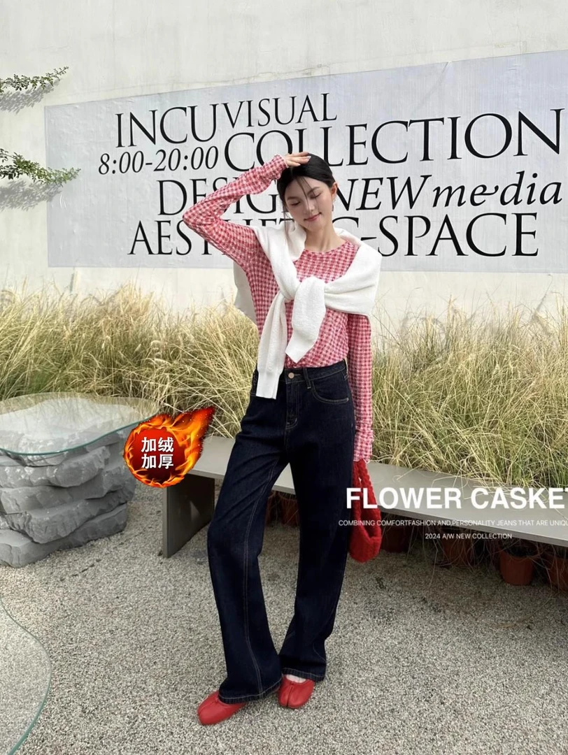 花XY【007】66-MWMA加植绒断货王深蓝单宁色粉标窄版直筒阔腿裤~