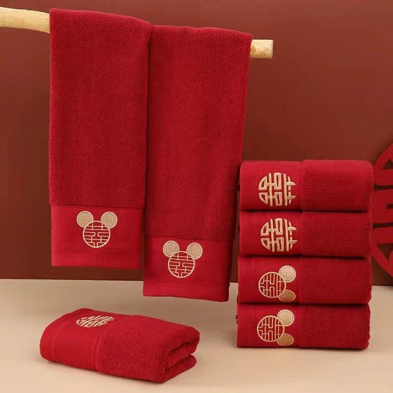 纯棉红色结婚毛巾一对礼盒装喜事毛巾回礼伴手礼新婚陪嫁全棉大红