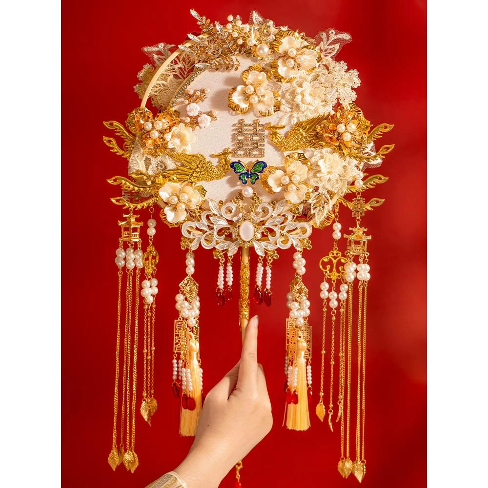 中式新娘结婚团扇出嫁秀禾服diy材料包重工双面成品手工高级喜扇