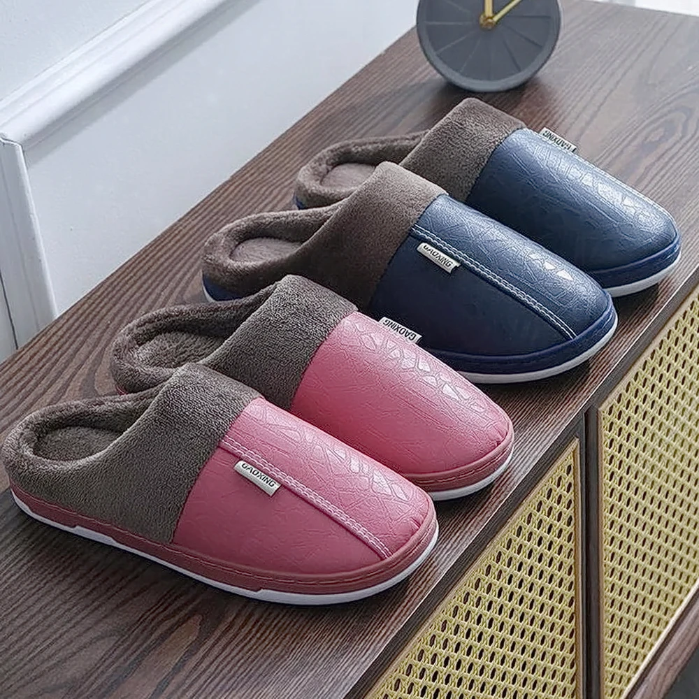 皮面棉拖鞋女冬情侣冬季保暖室内家用家居防滑秋冬防水男皮拖男士