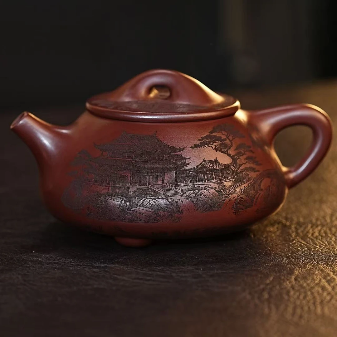 宜兴紫砂茶具  原矿紫砂泥料刻绘房屋山水石瓢紫砂壶