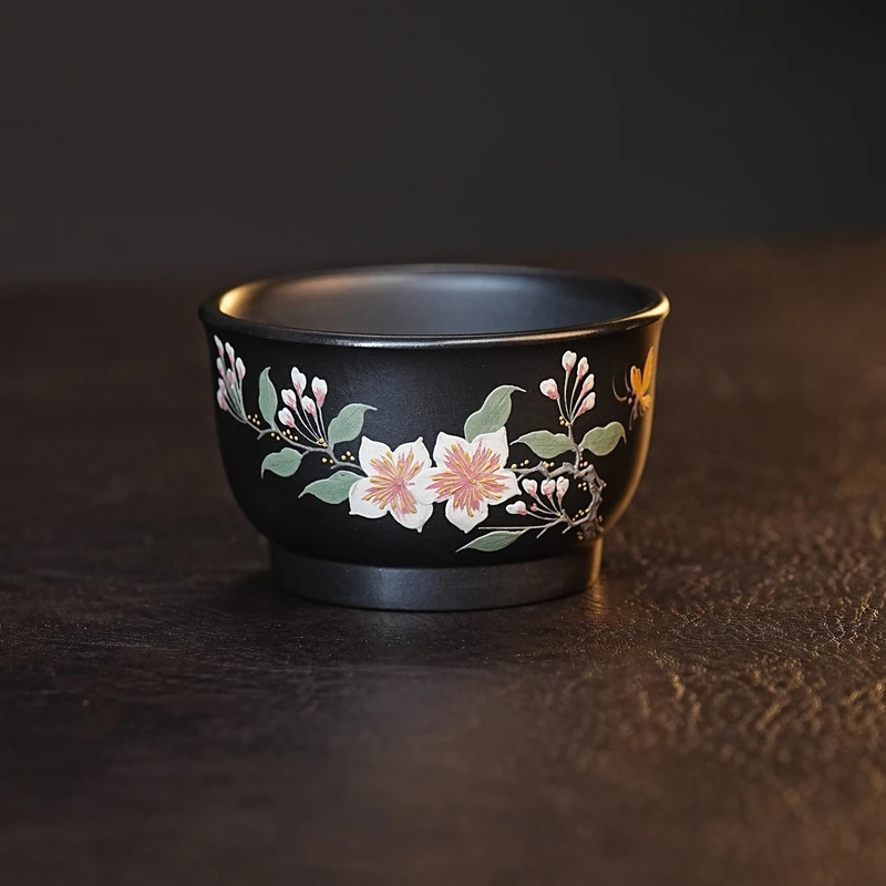 宜兴紫砂茶具 原矿石黄泥料手绘海棠花主人杯品茗杯 A1094