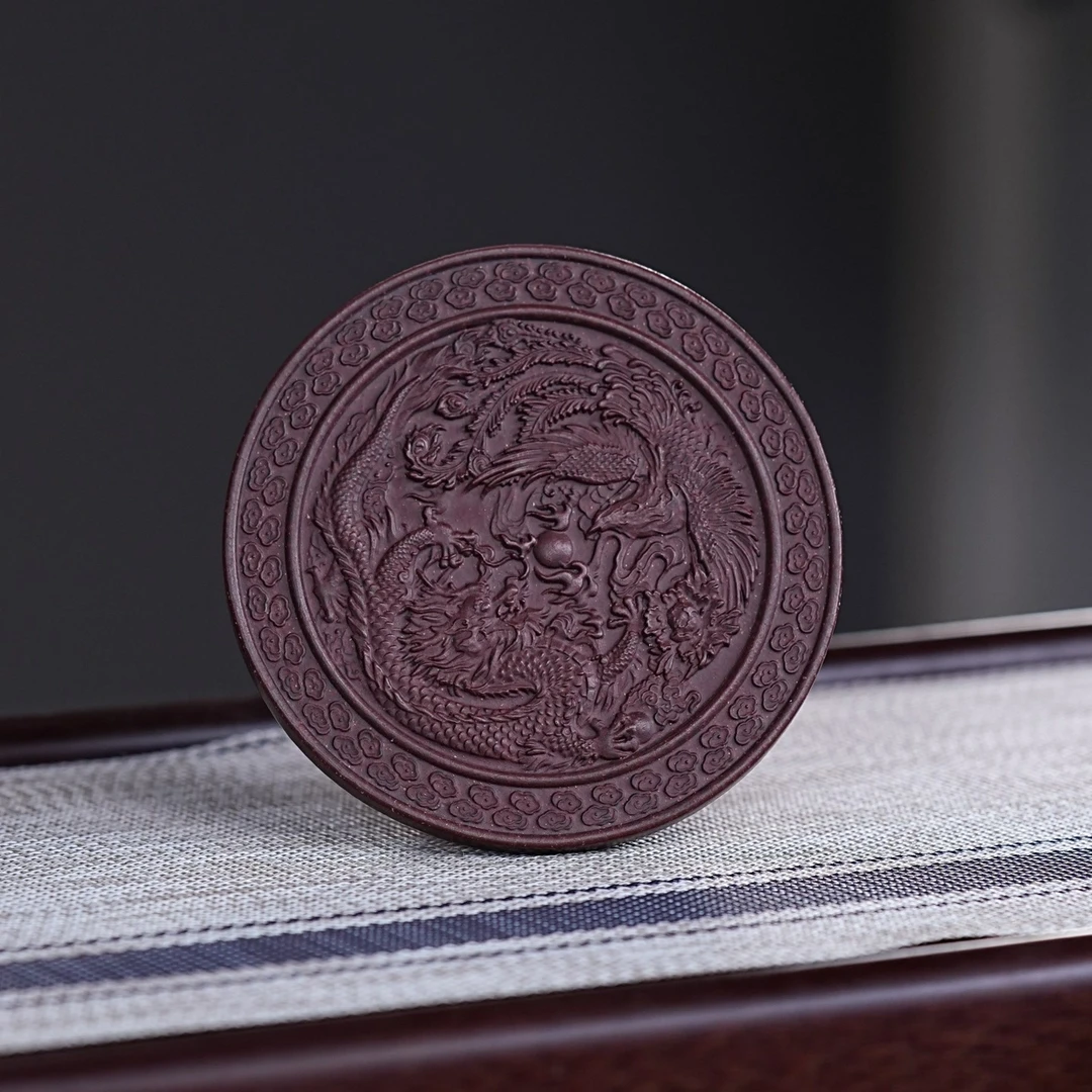宜兴原矿手工堆绘龙凤呈祥粗砂圆形干泡盘茶盘壶垫杯垫摆件A008