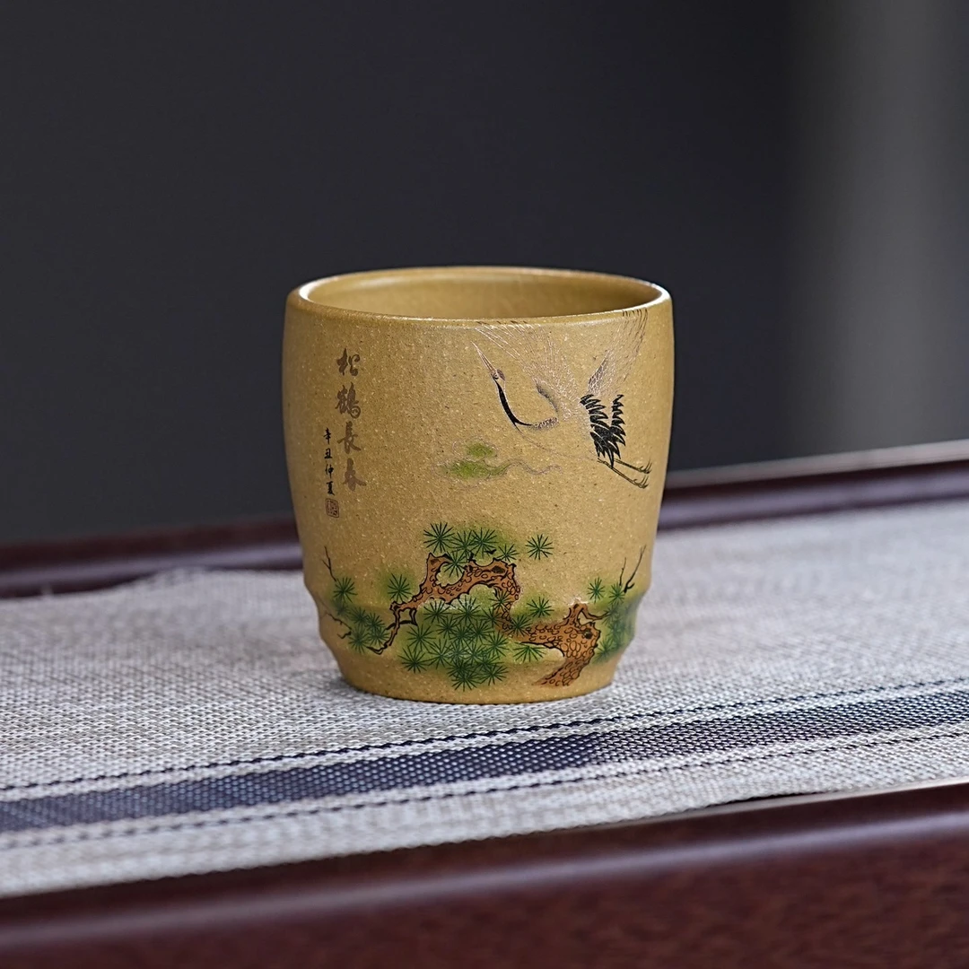 宜兴紫砂茶具 原矿段泥泥料手工手绘仙鹤主人杯品茗杯 A502