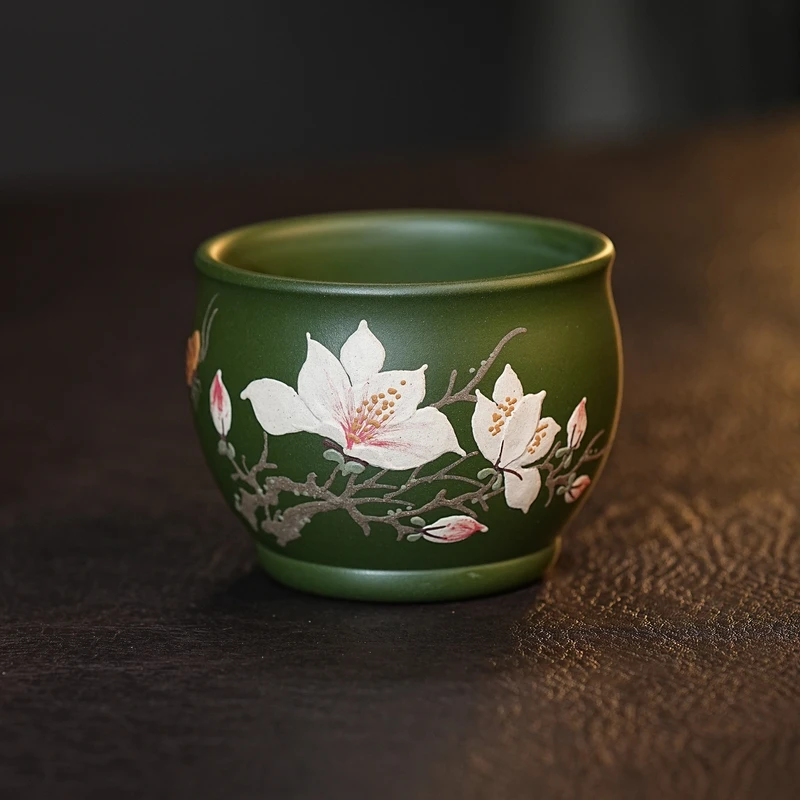 宜兴紫砂茶具 原矿泥料堆绘玉兰花蝴蝶紫砂主人杯GCL