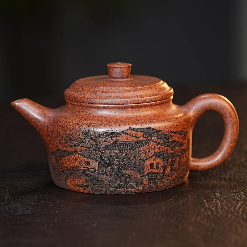 宜兴紫砂茶具  原矿龙骨金砂泥料刻绘忆江南德钟紫砂壶