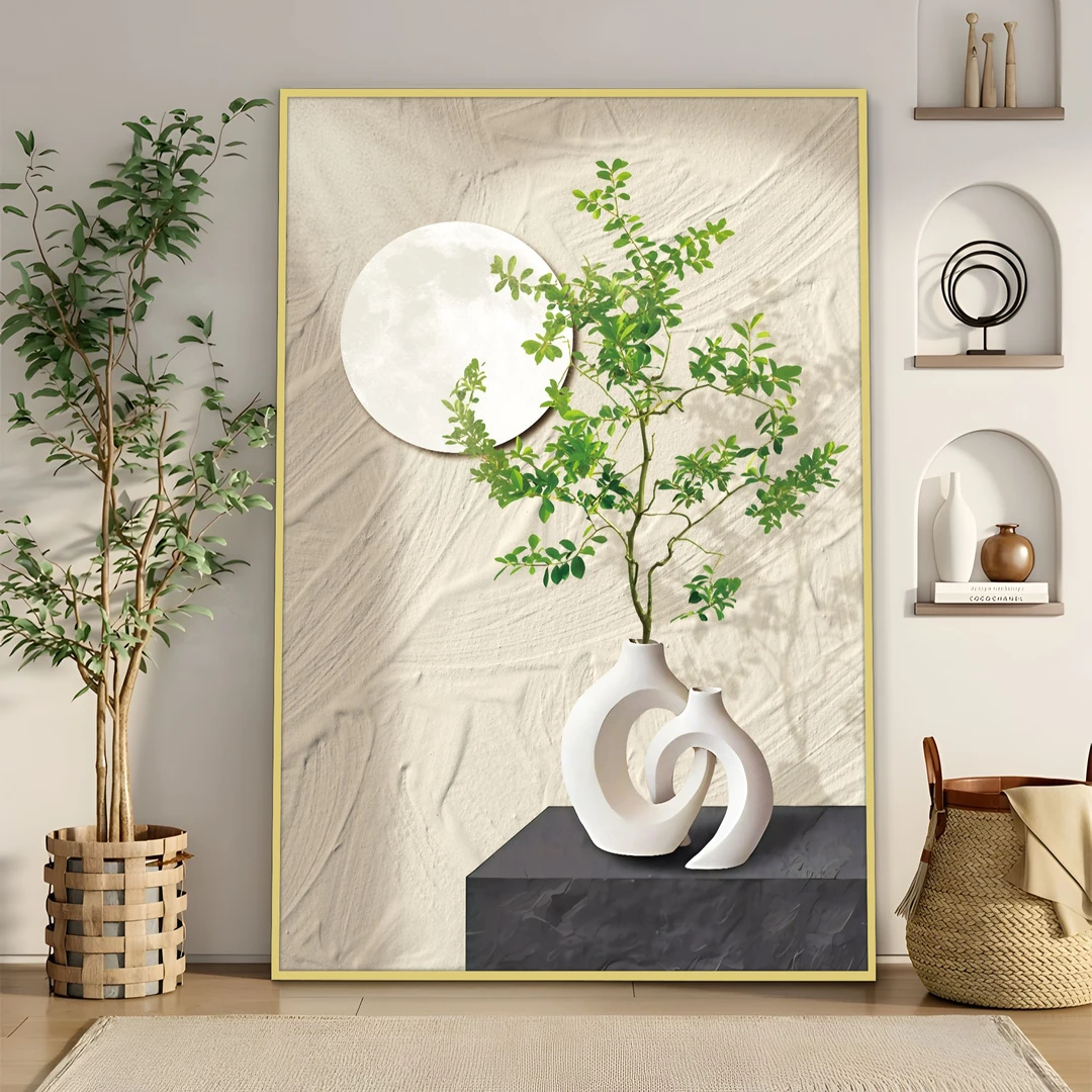北欧奶油风玄关装饰画 走廊尽头落地画绿植入户客厅挂画花瓶80120