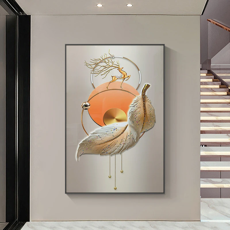 玄关装饰画现代轻奢羽毛走廊过道挂画客厅竖版挂画羽毛80120