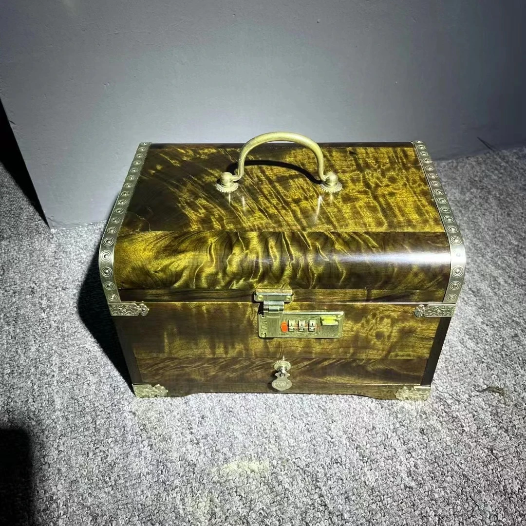 阴沉木手提密码首饰盒箱带抽屉仙作工艺独板水波纹榫卯结构