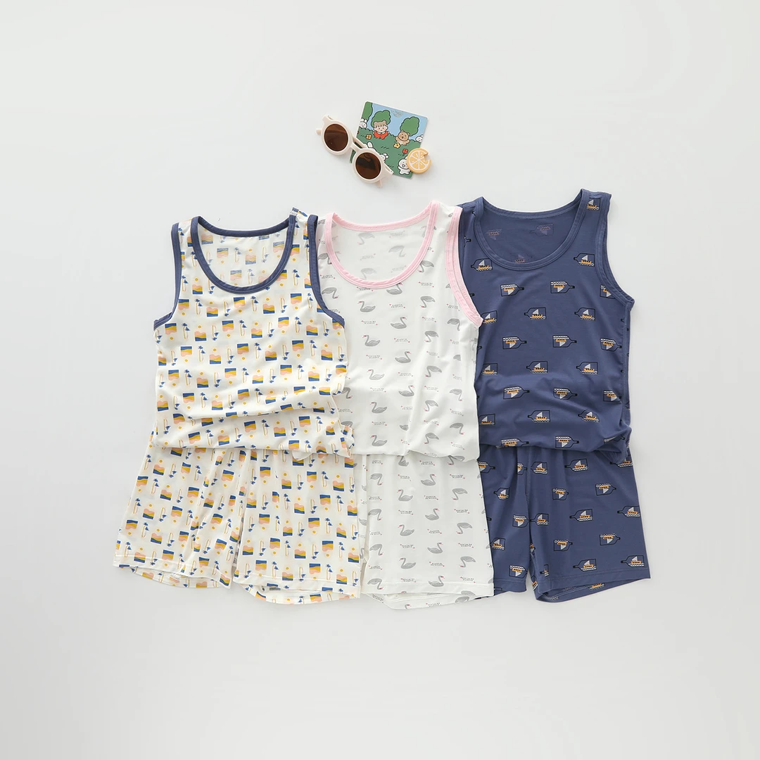 夏季儿童卡通满印柔软透气背心短裤套装