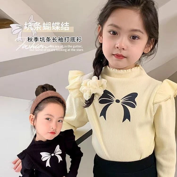 女童长袖T恤秋冬装新款宝宝飞袖蝴蝶结打底衫儿童甜美洋气上衣T潮