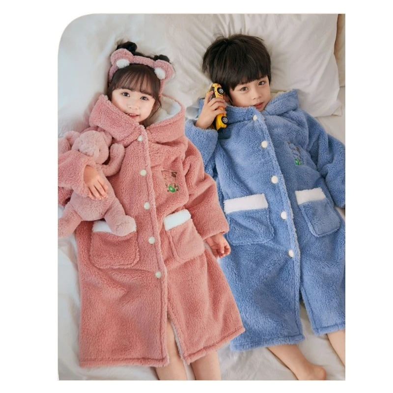 童装儿童睡袍男女童秋冬季宝宝法兰绒珊瑚绒小孩家居服加厚款浴袍