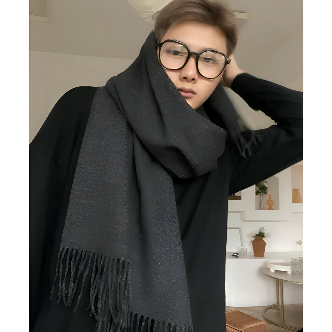 韩版小众纯色围巾男加厚保暖羊绒披肩女情侣围巾黑色学生冬季围脖