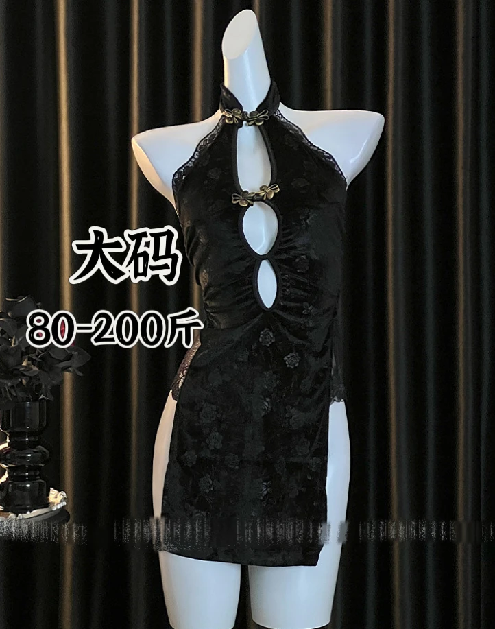 80-200斤【古典旗袍】大码性感镂空露背丝绒高开叉复古旗袍套装睡裙