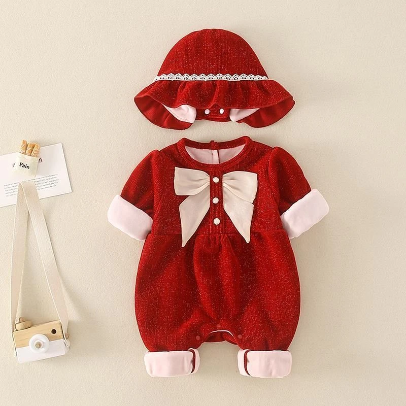 巴拉推荐洋气婴儿连体衣服秋冬装加绒女宝宝满月百天周岁礼服新年