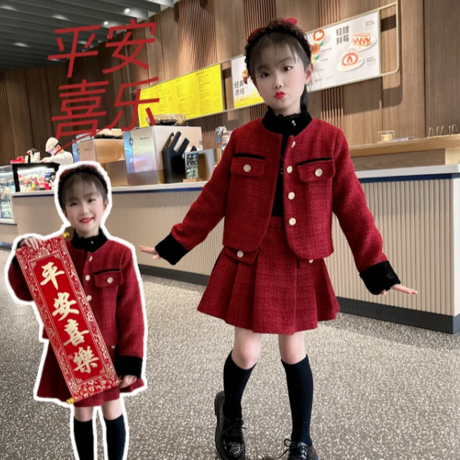 女童小香风套装秋冬款儿童红色连衣裙2024新年衣服冬装过年服裙子