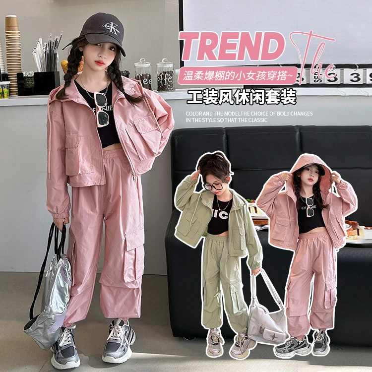 秋款女童两件套2024韩版洋气时尚休闲中大童款工装风格拉链衫套装