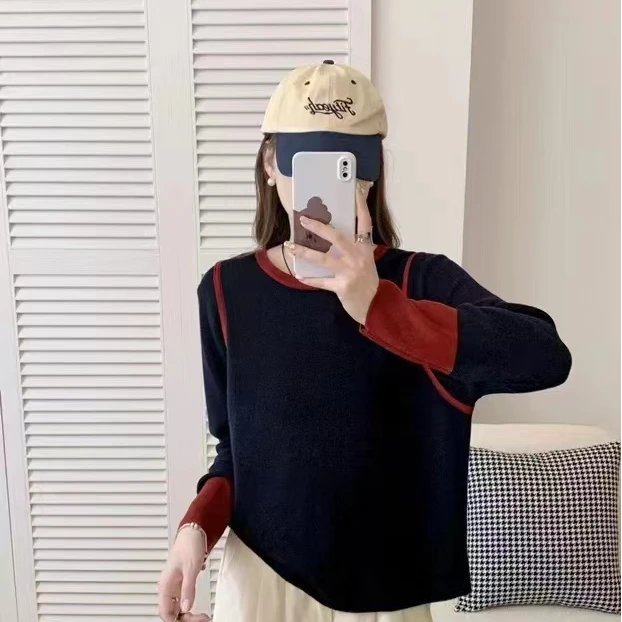 [YOUZIDZ2024新款拼色长袖针织衫上衣打底衫宽松显瘦秋冬时尚穿搭