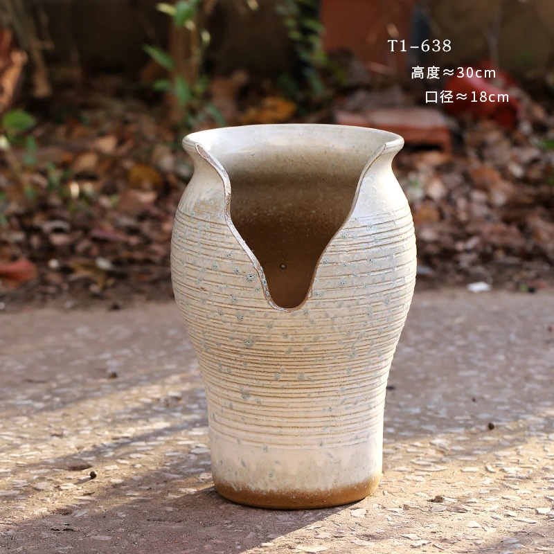 T1-638粗陶多肉花盆手工陶瓷高法师老桩透气粗陶切口陶土大缺口盆