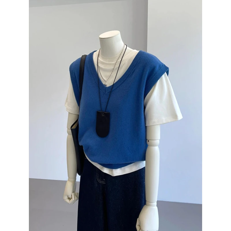 气质美得想转圈圈！！克莱因蓝v领针织衫女马甲秋季叠穿背心上衣冬
