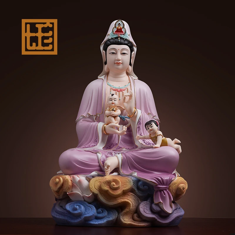 七珍 陶瓷摆件《16英寸送/子/观/音 紫韵彩》观/音宝相家用工艺品