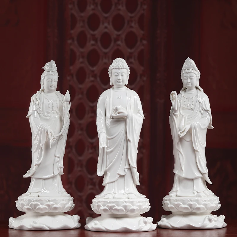 七珍《13寸西方三圣》阿弥陀站像观音大势至观世音白瓷宝相立像陶瓷