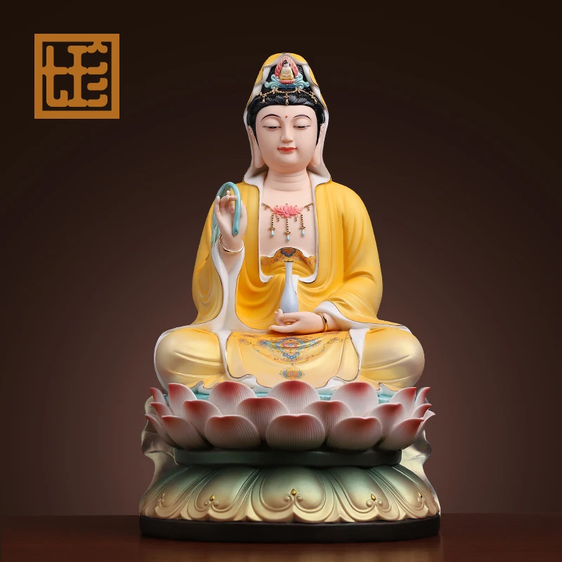 七珍陶瓷彩绘正坐观/音家用客厅南海观/音坐像工艺品摆件