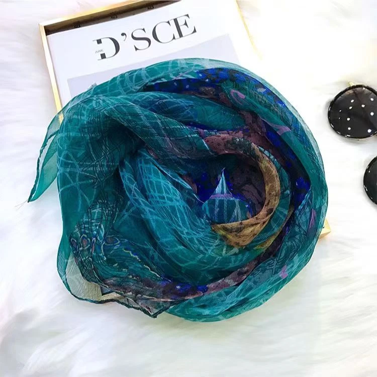 优柔纱爆款艺术冰蓝 春秋薄款防晒丝巾披肩百搭时尚渐变气质优雅