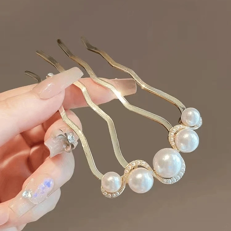 珍珠u型发簪高级感枪黑色插梳发钗古风新中式簪子盘发钗神器头饰