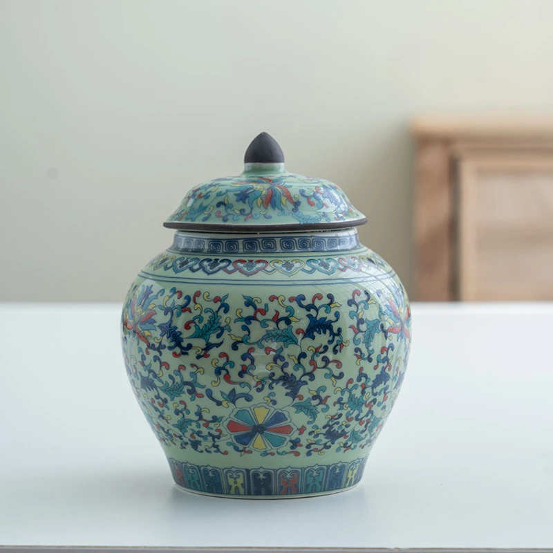 新款珐琅彩茶叶罐储茶罐陶瓷缠枝莲大号大容量复古密封防潮收纳罐