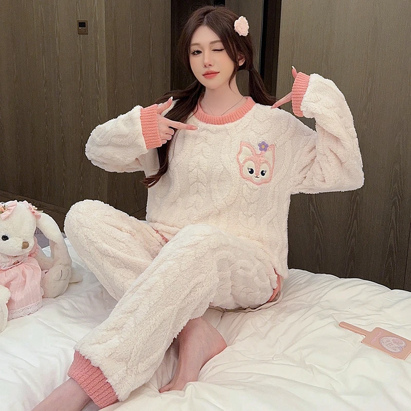睡衣女秋冬装法兰绒保暖套装大码胖mm200斤宽松提花绒新款家居服