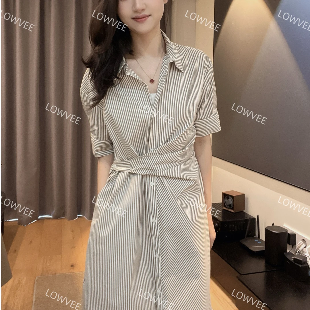 2025夏季新款时尚设计感小众高腰系带休闲百搭通勤条纹连衣裙女