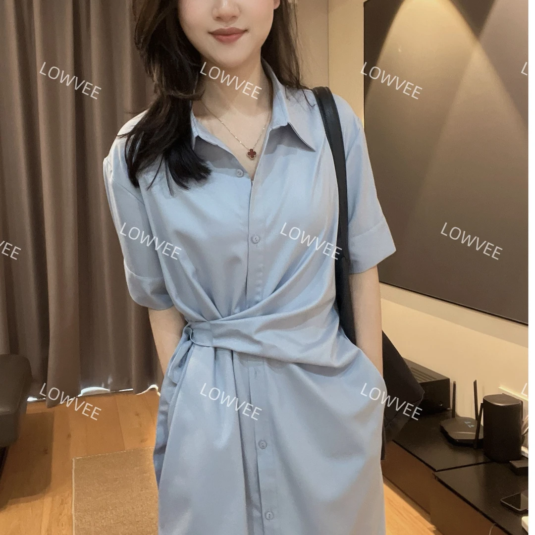 2025夏季新款时尚气质衬衫裙小众设计师宽松显瘦遮肉素色连衣裙女