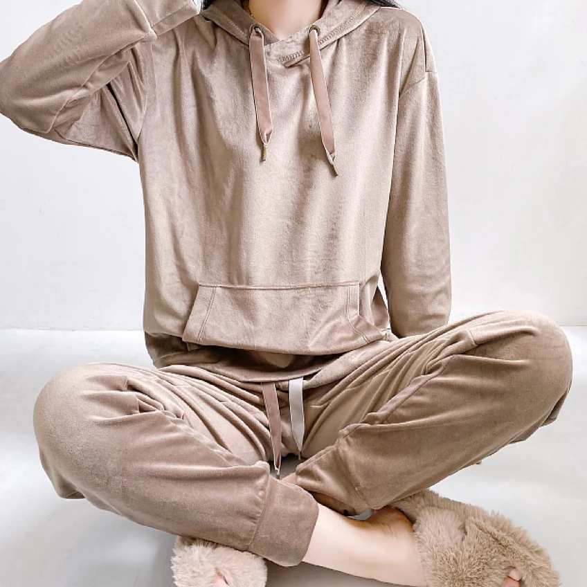 金丝绒连帽长袖长裤套装外穿家居服QB1121