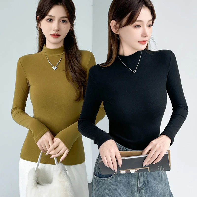 半高领打底衫女内搭微米绒秋冬加厚长袖保暖杏色t恤磨毛加绒上衣