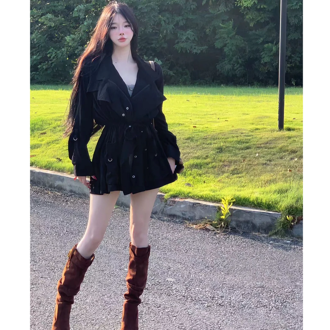 阿九一只 no退no换秋季新款收腰系带绑带风衣319/299，绿s1