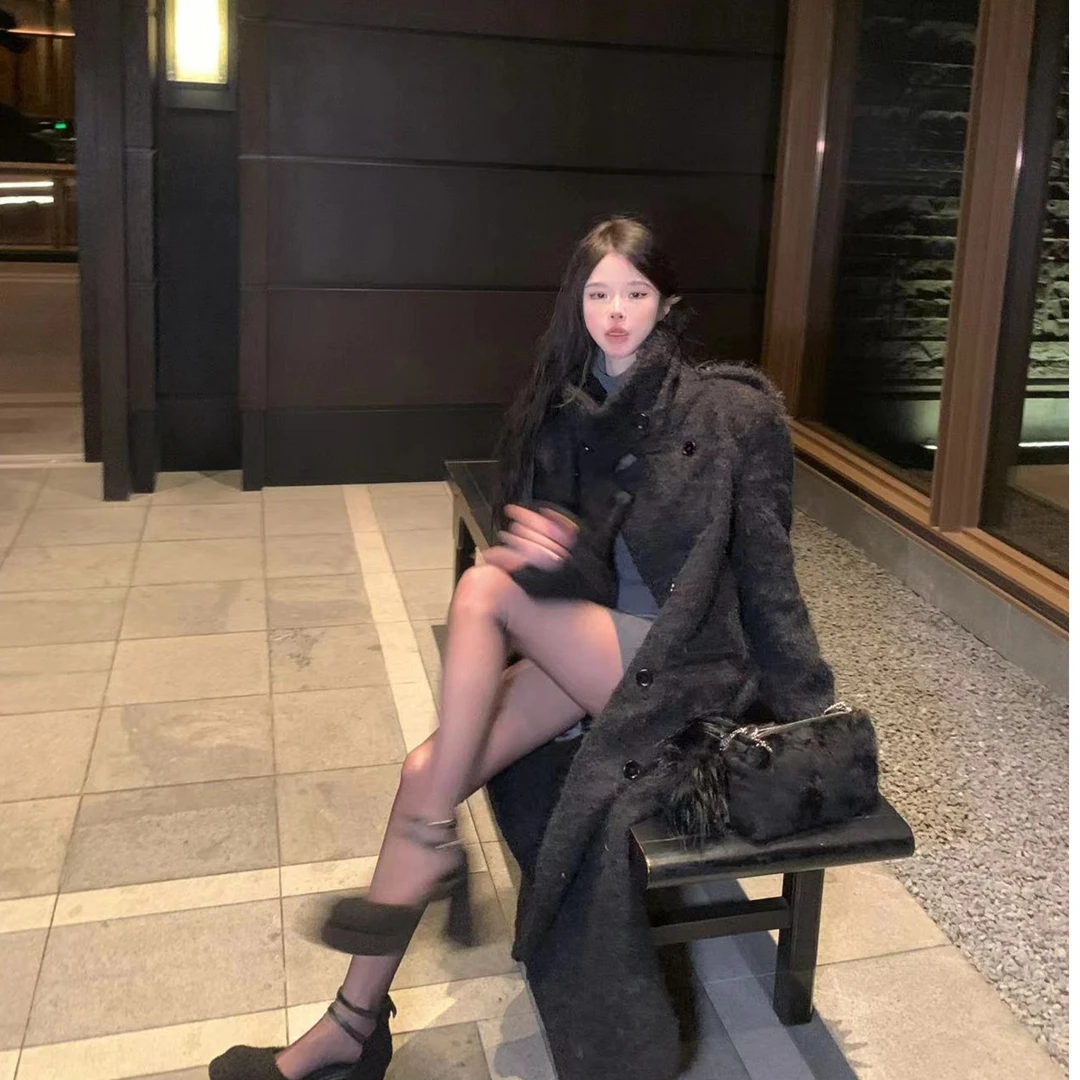 阿九一只  同款毛呢黑色厚大衣