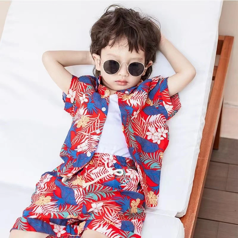 男童夏季短袖花衬衫套装2023新款小儿童衬衣表演服休闲上衣两件套