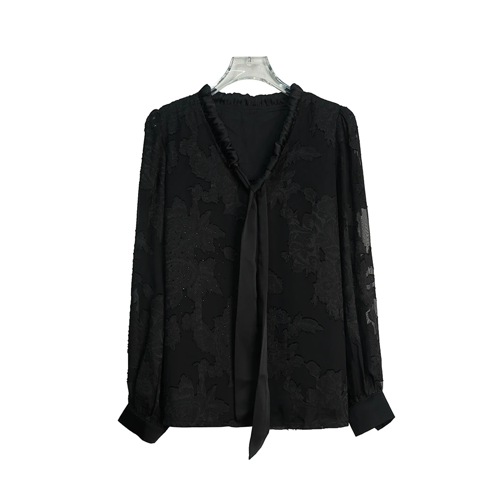 X26177【暗香浮动】时尚轻奢绣花系带衬衣气质显瘦洋气长袖上衣
