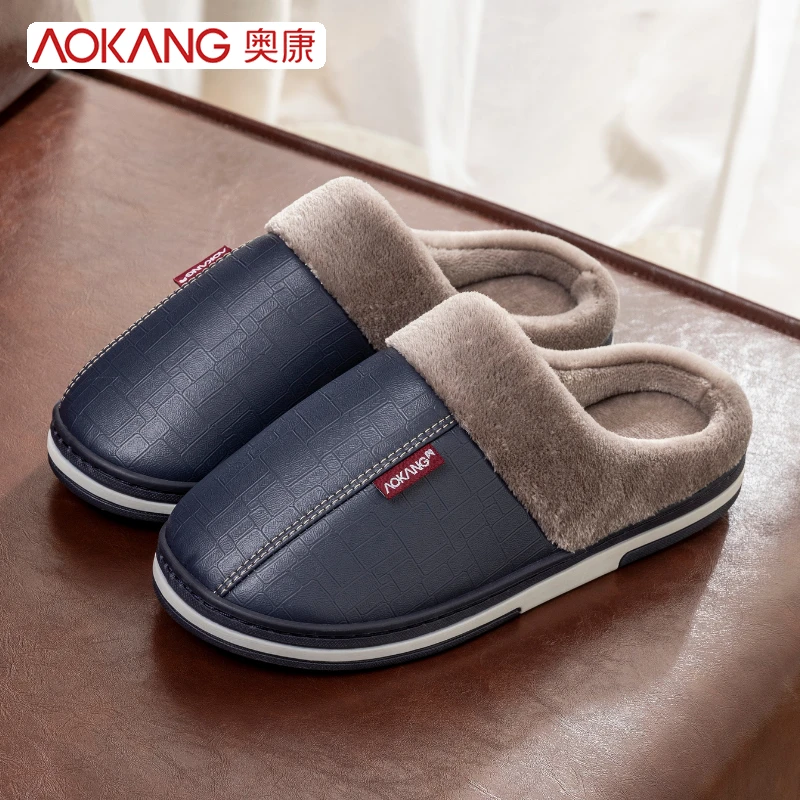 奥康防水棉拖鞋男士秋冬季厚底保暖室内情侣冬天居家居毛拖鞋女士