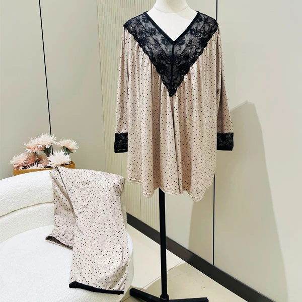 新款大码蕾丝V领女士睡衣九分袖九分裤套装胖m200斤家居服