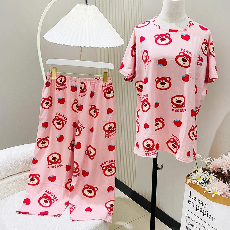 睡衣女套装大码女士睡衣半袖九分裤套装胖mm家居服棉质卡通有兜