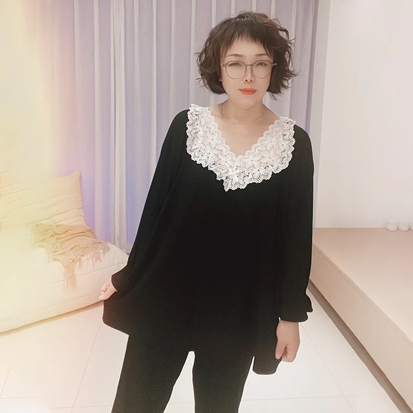新款大码韩版蕾丝V领女士睡衣九分袖九分裤套装家居服螺纹莫代