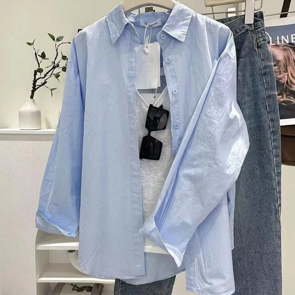 纯棉韩版时尚宽松慵懒风休闲百搭上衣女秋上新显瘦长袖衬衫外套女