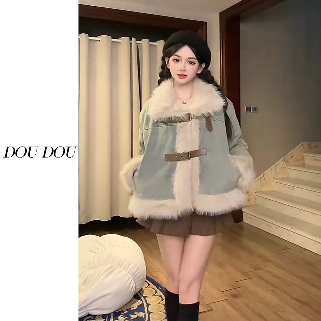 【冬季毛领夹棉蓝色牛仔外套】气质加厚百搭复古拼接