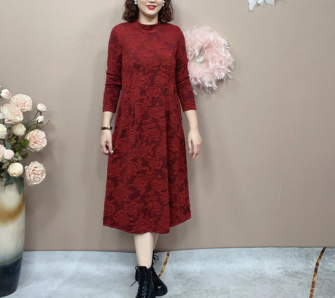 （针素）秋冬加厚女装优雅妈妈装显瘦气质百搭针织提花宽松连衣裙